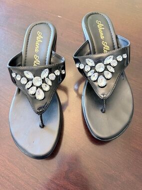 Athena Alexander Black Jeweled Thong Sandals with Crystal Accents